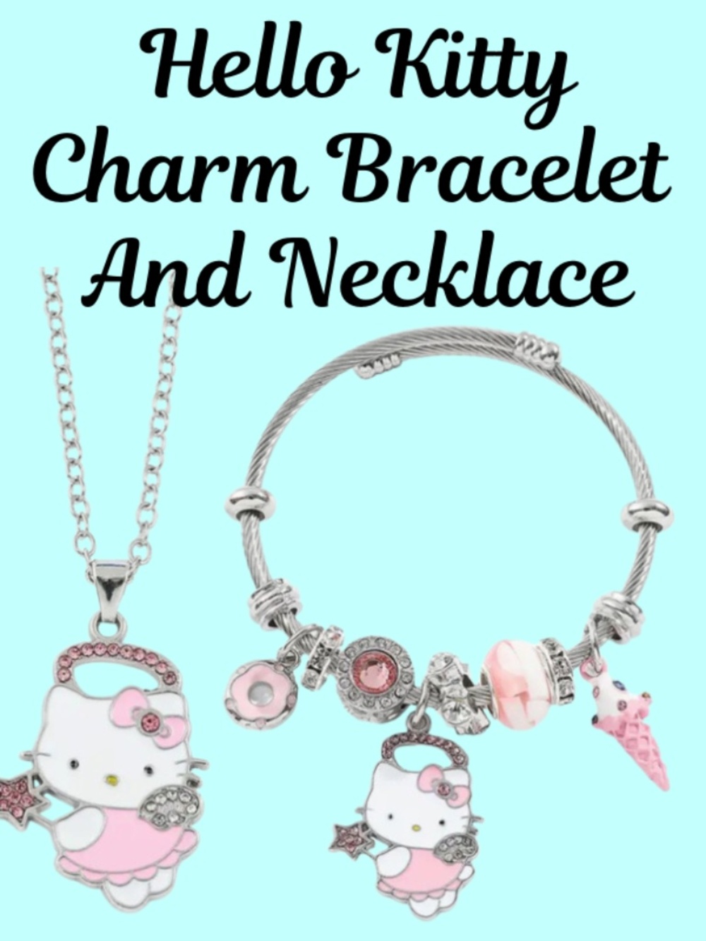 Sanrio Hello Kitty 2pcs Jewelry Set - Chic Pink Rhinestone Necklace & Bracelet,